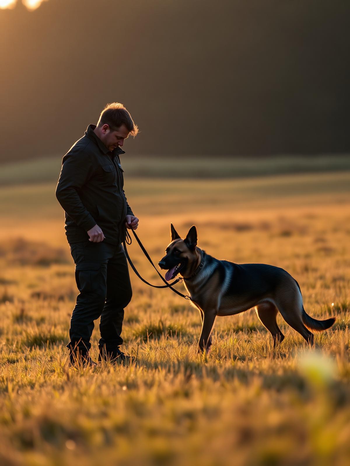 Trainer working off-leash obedience with a Belgian Malinois in an open field at golden hour