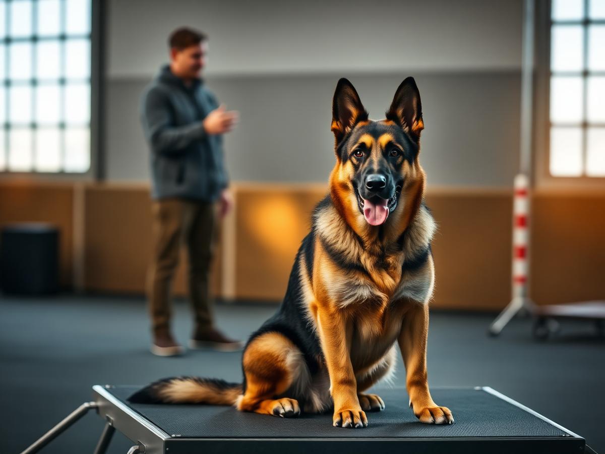 German Shepherd holding a focused sit-stay on a training platform
