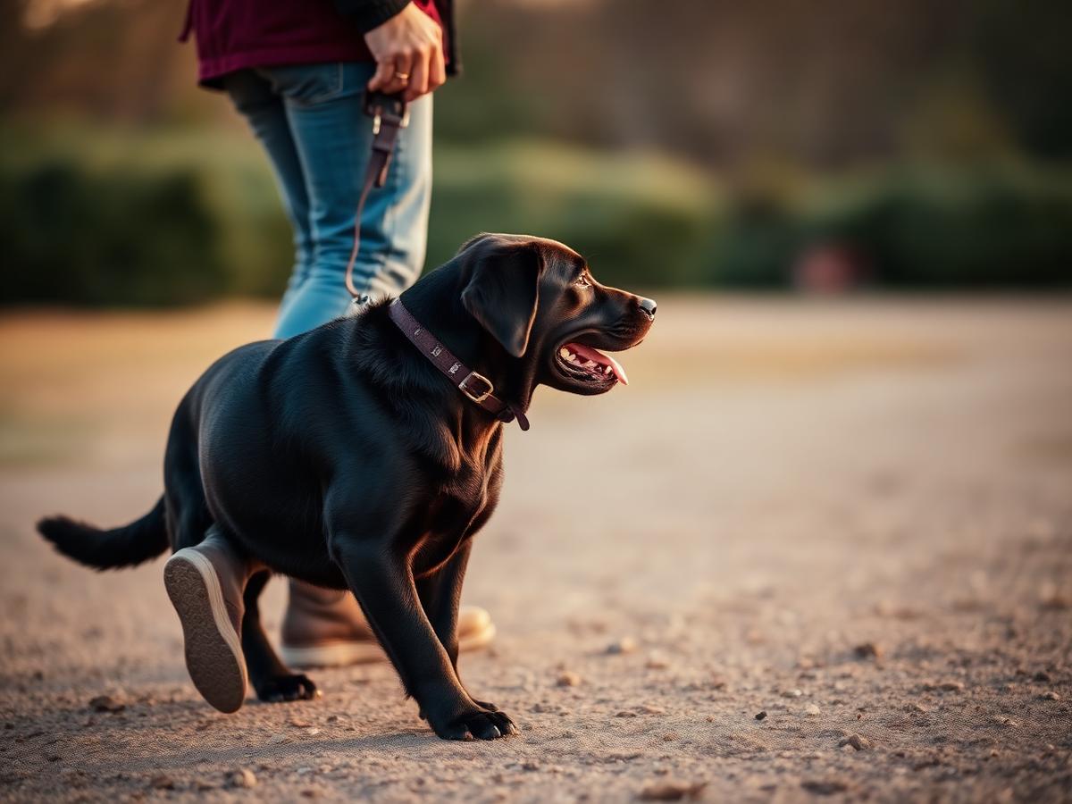 Black Labrador heeling in perfect position beside its handler on leash