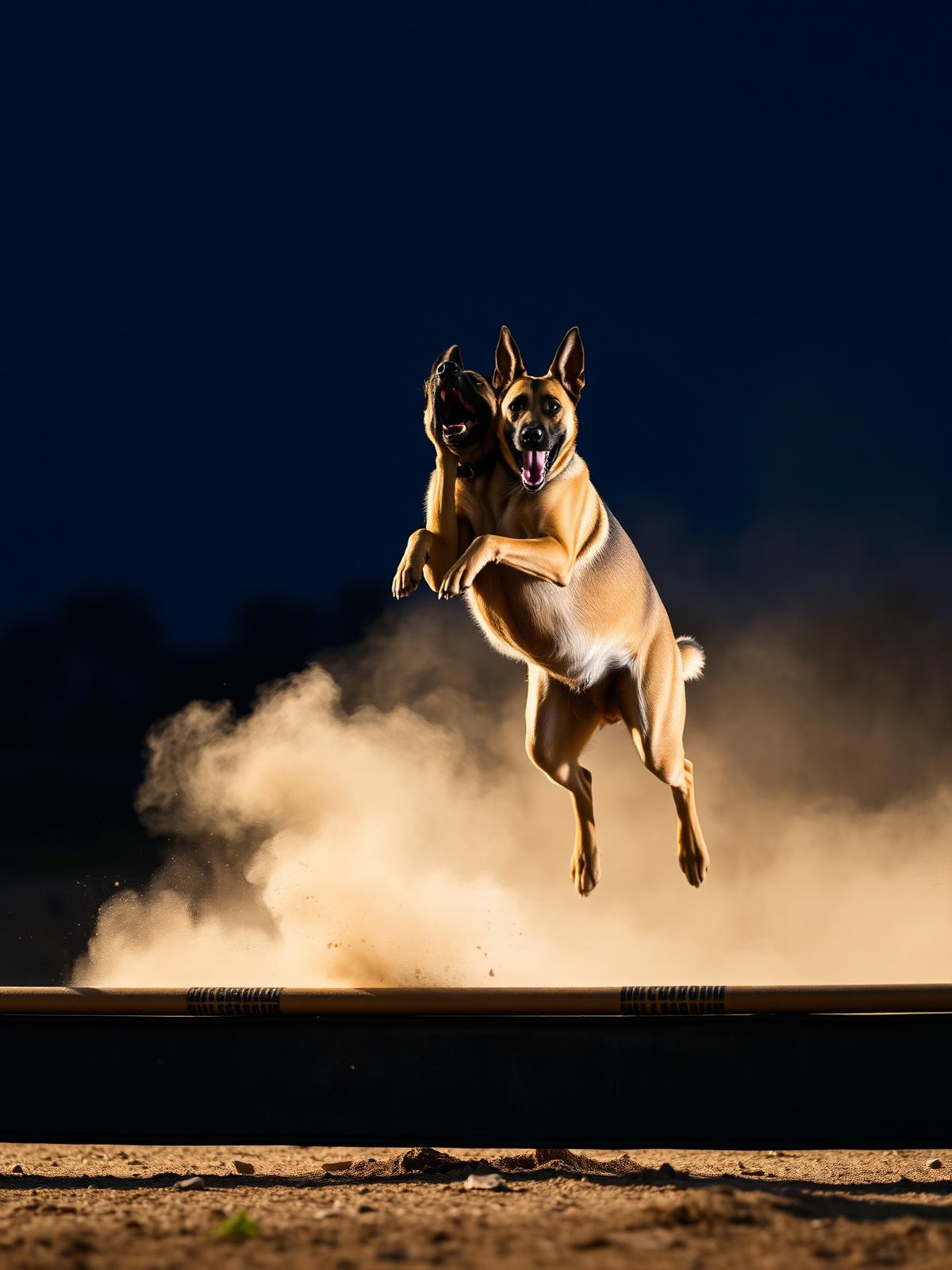 Belgian Malinois clearing an obstacle mid-air during advanced training